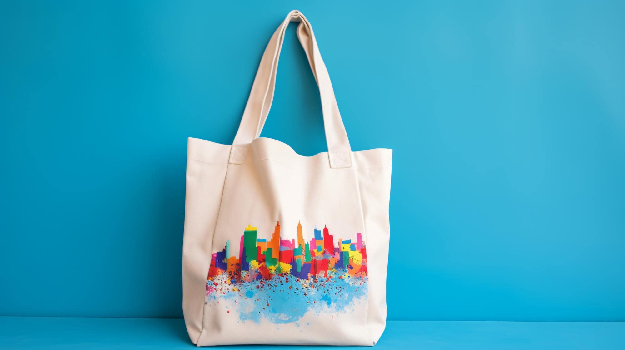 Custom tote bag with a vibrant cityscape design, ideal for custom tote bag design ideas in Singapore.