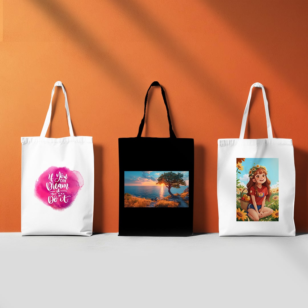 Trio of custom tote bags with motivational designs, great for custom printed tote bags and design ideas.