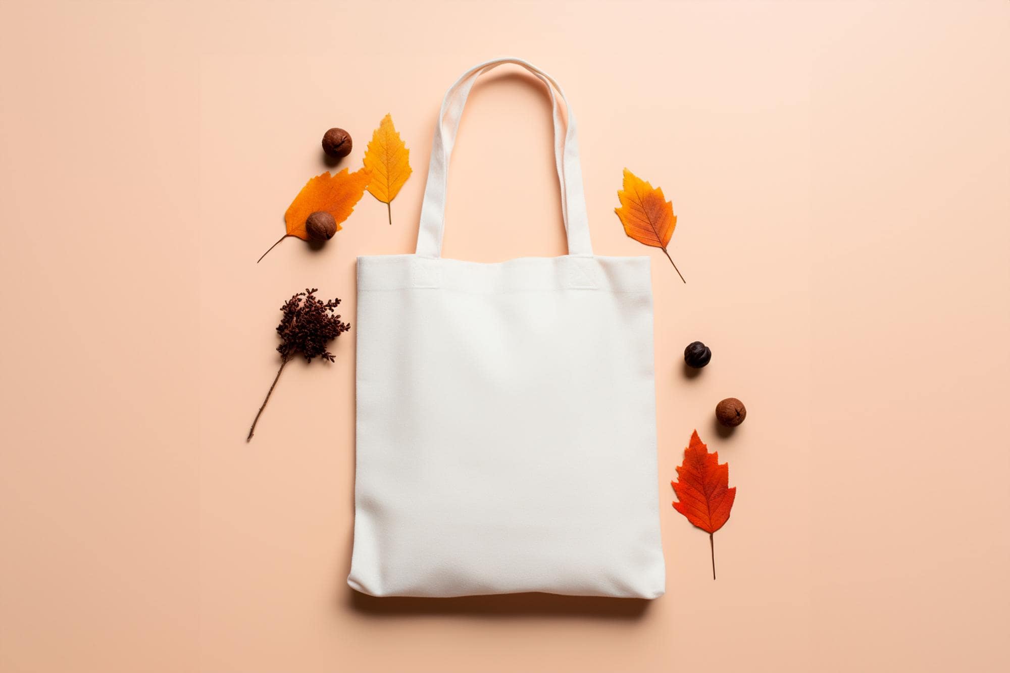 Minimalist custom tote bag surrounded by autumn leaves, ideal for custom tote bag design ideas.